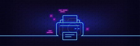 Illustration for Neon light glow effect. Printer icon. Printout Electronic Device sign. Office equipment symbol. 3d line neon glow icon. Brick wall banner. Printer outline. Vector - Royalty Free Image