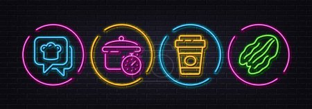 Ilustración de Boiling pan, Takeaway coffee and Cooking hat minimal line icons. Neon laser 3d lights. Pecan nut icons. For web, application, printing. Cooking timer, Latte drink, Chef. Vegetarian food. Vector - Imagen libre de derechos