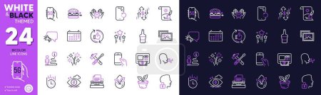 Illustration for Support, Hold smartphone and Creative painting line icons for website, printing. Collection of Typewriter, Organic product, Smartphone recovery icons. Megaphone, Leaves. Bicolor outline icon. Vector - Royalty Free Image