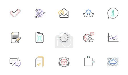 Téléchargez les illustrations : Article, Diagram chart and Ranking stars line icons for website, printing. Collection of Handout, Info, Puzzle icons. Approved teamwork, Time, Tick web elements. Outsource work. Vector - en licence libre de droit