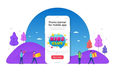 Illustration for Kids club banner. Phone ui interface banner. Fun playing zone sticker. Children games party area icon. Mobile smartphone promo banner. Kids club tag. Man with gift box. Vector - Royalty Free Image