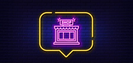 Illustration for Neon light speech bubble. Shop line icon. Store symbol. Shopping building sign. Neon light background. Shop glow line. Brick wall banner. Vector - Royalty Free Image