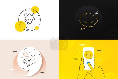 Téléchargez les illustrations : Minimal set of Puzzle options, Puzzle and Sleep line icons. Phone screen, Quote banners. Fireworks rocket icons. For web development. Solve jigsaw, Jigsaw game, Sleepy face. Pyrotechnic salute. Vector - en licence libre de droit