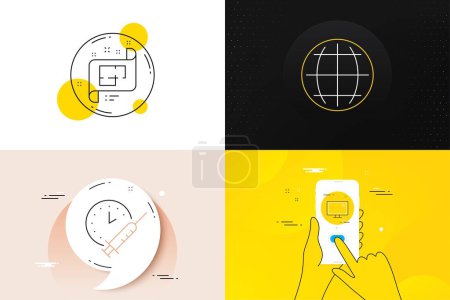 Téléchargez les illustrations : Minimal set of Architectural plan, Globe and Monitor line icons. Phone screen, Quote banners. Vaccination schedule icons. For web development. Vector - en licence libre de droit
