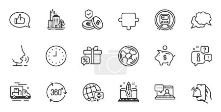 Illustration for Outline set of Savings insurance, Feedback and Chat message line icons for web application. Talk, information, delivery truck outline icon. Vector - Royalty Free Image
