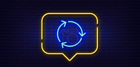 Illustration for Neon light speech bubble. Recycle arrow line icon. Recycling waste symbol. Reduce and Reuse sign. Neon light background. Recycling glow line. Brick wall banner. Vector - Royalty Free Image