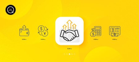 Ilustración de Wallet, Bitcoin atm and Currency exchange minimal line icons. Yellow abstract background. Deal, Finance calculator icons. For web, application, printing. Vector - Imagen libre de derechos