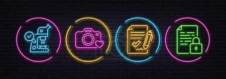 Ilustración de Approved agreement, Photo camera and Microscope minimal line icons. Neon laser 3d lights. Lock icons. For web, application, printing. Signature document, Love photos, Laboratory science. Vector - Imagen libre de derechos