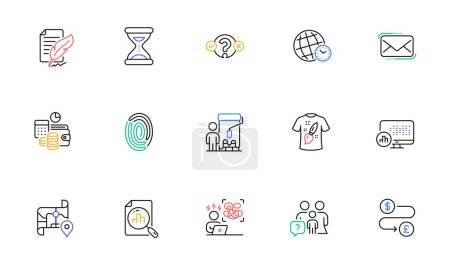 Ilustración de Difficult stress, Map and Feather signature line icons for website, printing. Collection of Money transfer, Budget accounting, T-shirt design icons. Analytics graph, Time zone. Vector - Imagen libre de derechos