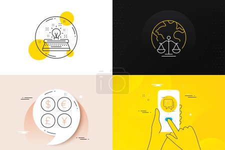 Illustration for Minimal set of Money currency, Magistrates court and Typewriter line icons. Phone screen, Quote banners. Recovery data icons. For web development. Vector - Royalty Free Image