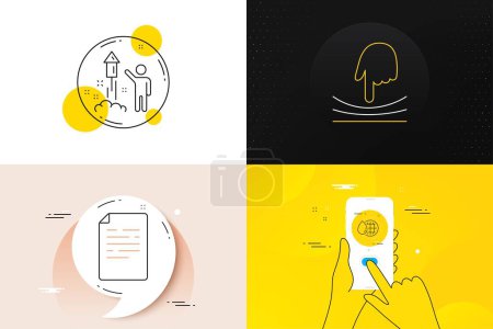 Téléchargez les illustrations : Minimal set of Fireworks, World water and Document line icons. Phone screen, Quote banners. Elastic icons. For web development. Party pyrotechnic, Aqua drop, Page file. Resilience. Vector - en licence libre de droit