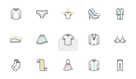 Illustration for Clothes line icons. T-shirt, Footwear and bathrobe icons. Hoody sweatshirt, T-shirt with hanger and suit. Skirt, Women dress and high heels shoes. Socks, panties with bra and bathrobe. Vector - Royalty Free Image