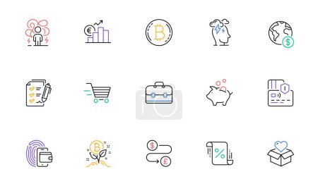 Illustration for Loan percent, Bitcoin project and Difficult stress line icons for website, printing. Collection of Card, Portfolio, Wallet icons. Piggy bank, Survey checklist, Bitcoin web elements. Vector - Royalty Free Image