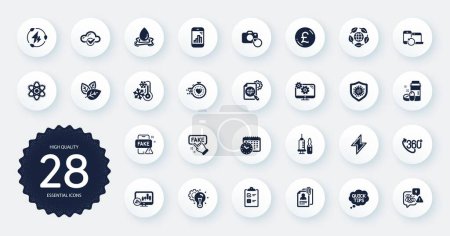 Téléchargez les illustrations : Set of Science icons, such as Organic tested, Recovery devices and Cloud computing flat icons. Water splash, Green electricity, Settings web elements. Fake news, Pound money, Quick tips signs. Vector - en licence libre de droit