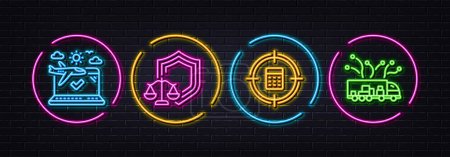 Illustration for Airplane travel, Justice scales and Calculator target minimal line icons. Neon laser 3d lights. Truck delivery icons. For web, application, printing. Check in, Law shield, Audit. Logistics. Vector - Royalty Free Image