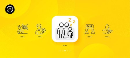 Téléchargez les illustrations : Water care, Sleep and Difficult stress minimal line icons. Yellow abstract background. Person idea, Fake information icons. For web, application, printing. Vector - en licence libre de droit