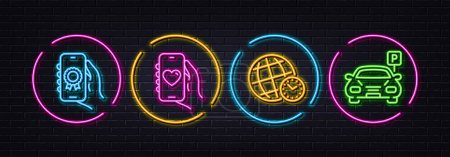 Illustration for Award app, Dating app and Time zone minimal line icons. Neon laser 3d lights. Parking icons. For web, application, printing. Smartphone certification, Smartphone love, World clock. Car park. Vector - Royalty Free Image