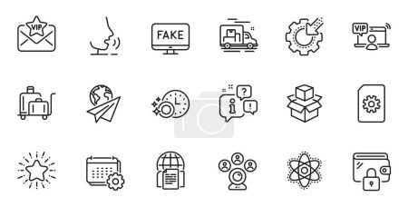 Téléchargez les illustrations : Outline set of Paper plane, Packing boxes and Fake news line icons for web application. Talk, information, delivery truck outline icon. Include Calendar, Seo gear, Star icons. Vector - en licence libre de droit