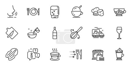 Téléchargez les illustrations : Outline set of Food market, Food delivery and Cooking whisk line icons for web application. Talk, information, delivery truck outline icon. Include Coffee cup, Water cooler, Ice cream icons. Vector - en licence libre de droit