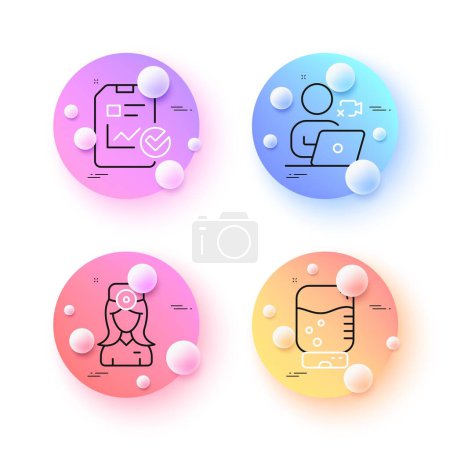 Illustration for Water cooler, Video conference and Oculist doctor minimal line icons. 3d spheres or balls buttons. Report checklist icons. For web, application, printing. Vector - Royalty Free Image