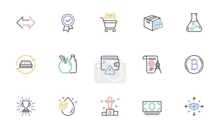 Téléchargez les illustrations : Tested stamp, Bitcoin and Divider document line icons for website, printing. Collection of Apple, Shopping trolley, Winner icons. Mattress, Sync, Cash money web elements. Parcel delivery. Vector - en licence libre de droit