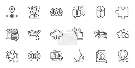 Téléchargez les illustrations : Outline set of Laureate, Support consultant and Scroll down line icons for web application. Talk, information, delivery truck outline icon. Include Search, Station, Wash hands icons. Vector - en licence libre de droit