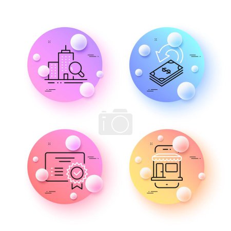 Illustration for Cashback, Inspect and Marketplace minimal line icons. 3d spheres or balls buttons. Certificate icons. For web, application, printing. Financial transfer, Search building, Online shop. Vector - Royalty Free Image