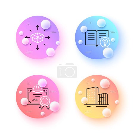 Illustration for Help, Certificate and Buildings minimal line icons. 3d spheres or balls buttons. Parcel delivery icons. For web, application, printing. Documentation, Construction document, City architecture. Vector - Royalty Free Image