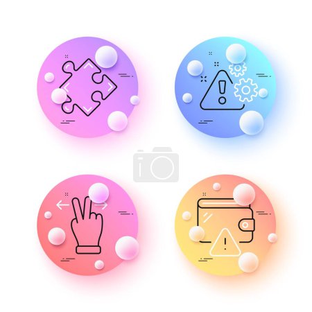 Téléchargez les illustrations : Wallet, Warning and Touchscreen gesture minimal line icons. 3d spheres or balls buttons. Strategy icons. For web, application, printing. Money budget, Important message, Swipe. Puzzle. Vector - en licence libre de droit