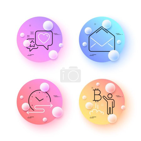 Téléchargez les illustrations : Bitcoin project, Mail and Time schedule minimal line icons. 3d spheres or balls buttons. Heart icons. For web, application, printing. Cryptocurrency startup, E-mail, Timetable. Star rating. Vector - en licence libre de droit