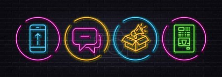 Illustration for Swipe up, Megaphone box and Message minimal line icons. Neon laser 3d lights. Coffee vending icons. For web, application, printing. Scrolling screen, Brand marketing, Chat bubble. Vector - Royalty Free Image