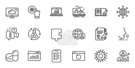 Ilustración de Outline set of Coronavirus, Copywriting and Medical drugs line icons for web application. Talk, information, delivery truck outline icon. Vector - Imagen libre de derechos