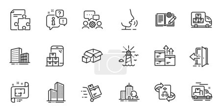 Illustration for Outline set of Delivery truck, Entrance and Engineering team line icons for web application. Talk, information, delivery truck outline icon. Vector - Royalty Free Image