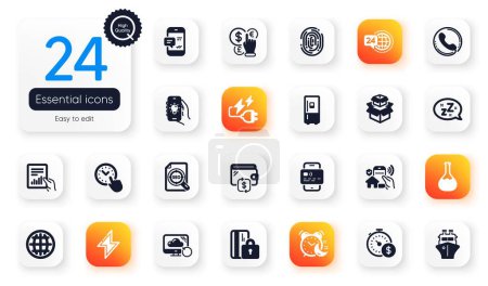 Illustration for Set of Technology flat icons. Money currency, Time management and Smartphone notification elements for web application. Document, Seo file, 24h service icons. Electric app, Alarm. Vector - Royalty Free Image