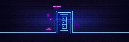 Illustration for Neon light glow effect. Door line icon. Building entrance sign. Exit doorway symbol. 3d line neon glow icon. Brick wall banner. Door outline. Vector - Royalty Free Image