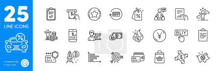Illustration for Outline icons set. Buying, Hot offer and Checklist icons. Payment exchange, Clipboard, Budget profit web elements. Horizontal chart, Dollar money, Document signs. Online buying. Vector - Royalty Free Image