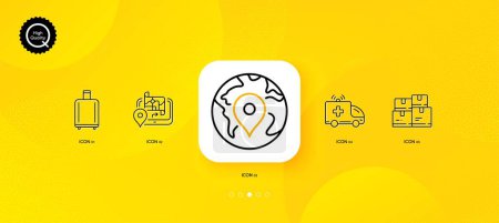 Illustration for Gps, Ambulance car and Wholesale inventory minimal line icons. Yellow abstract background. Pin, Baggage reclaim icons. For web, application, printing. Vector - Royalty Free Image