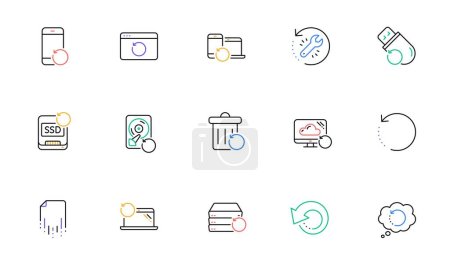 Téléchargez les illustrations : Recovery line icons. Backup, Restore data and recover file. Laptop renew, drive repair and phone recovery icons. Linear set. Bicolor outline web elements. Vector - en licence libre de droit