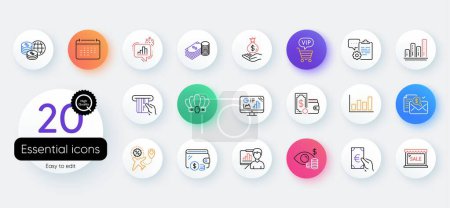 Téléchargez les illustrations : Simple set of Business vision, Accounting report and Calendar line icons. Include Analytics graph, Wallet money, Savings icons. Credit card, Presentation board, Clipboard web elements. Vector - en licence libre de droit