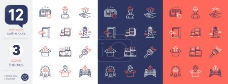 Téléchargez les illustrations : Set of Consolidation, Engineering team and Foreman line icons. Include Entrance, Package location, Send box icons. Inventory cart, Warning road, Wholesale inventory web elements. Brush. Vector - en licence libre de droit