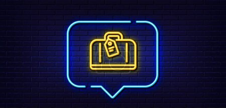 Illustration for Neon light speech bubble. Airport hand baggage reclaim line icon. Airplane luggage sign. Flight checked bag symbol. Neon light background. Hand baggage glow line. Brick wall banner. Vector - Royalty Free Image