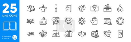Téléchargez les illustrations : Outline icons set. Book, Video conference and Delivery icons. Phone protection, Volunteer, Sign out web elements. Dog vaccination, Education, Card signs. T-shirt, Treasure map, Donation. Vector - en licence libre de droit