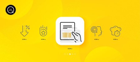 Illustration for Writer, Cooking timer and Low percent minimal line icons. Yellow abstract background. Loyalty star, Parcel invoice icons. For web, application, printing. Copyrighter, Stopwatch, Discount. Vector - Royalty Free Image