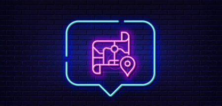 Illustration for Neon light speech bubble. Map line icon. Road trip sign. Journey route distance symbol. Neon light background. Map glow line. Brick wall banner. Vector - Royalty Free Image