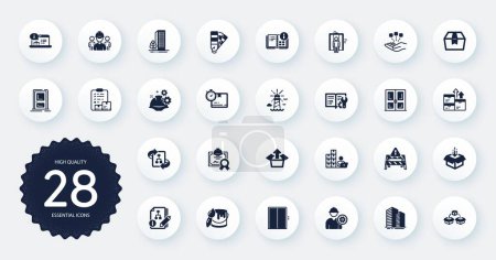 Téléchargez les illustrations : Set of Industrial icons, such as Engineer, Engineering team and Brush flat icons. Parcel shipping, Lighthouse, Consolidation web elements. Inventory, Get box, Buildings signs. Send box. Vector - en licence libre de droit