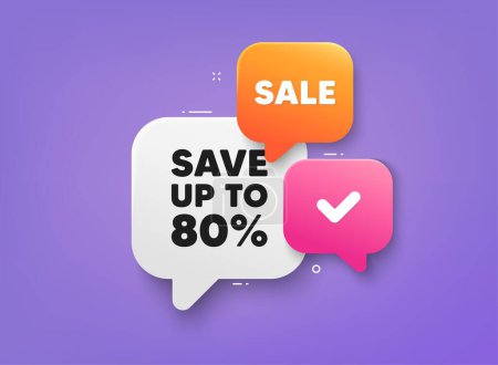 Illustration for Save up to 80 percent tag. 3d bubble chat banner. Discount offer coupon. Discount Sale offer price sign. Special offer symbol. Discount adhesive tag. Promo banner. Vector - Royalty Free Image