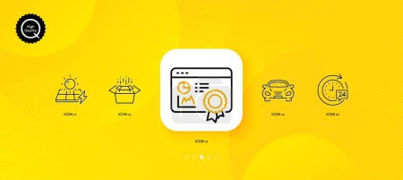 Ilustración de 24h delivery, Packing boxes and Solar panels minimal line icons. Yellow abstract background. Seo certificate, Car icons. For web, application, printing. Stopwatch, Delivery box, Electric power. Vector - Imagen libre de derechos