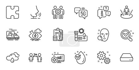 Téléchargez les illustrations : Outline set of Work, 5g internet and Augmented reality line icons for web application. Talk, information, delivery truck outline icon. Include Employees teamwork, Water drop, Mini pc icons. Vector - en licence libre de droit
