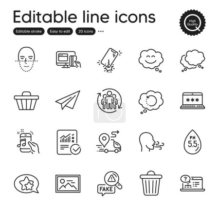 Illustration for Set of Technology outline icons. Contains icons as Smile chat, Recovery data and Paper plane elements. Breathing exercise, Online help, Fake news web signs. Face recognition. Vector - Royalty Free Image