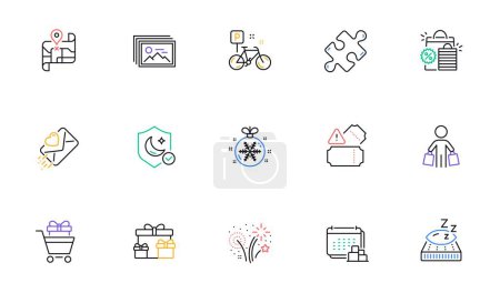 Téléchargez les illustrations : Map, Surprise boxes and Image gallery line icons for website, printing. Collection of Puzzle, Mattress, Delivery icons. Guard, Love letter, Bike web elements. Fireworks, Shopping bags, Tickets. Vector - en licence libre de droit